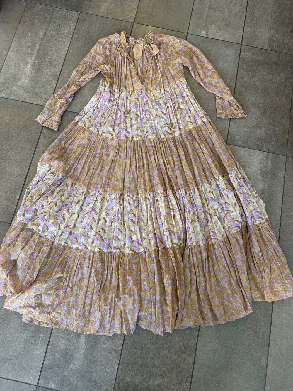 Yvonne S Bohemian Tiered Floral Maxi Dress in Lavender and Tan